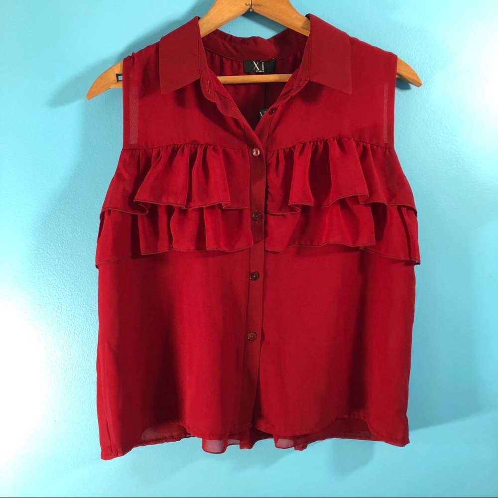 New XT Studio Button Blouse Tank Vest Ruffle Red